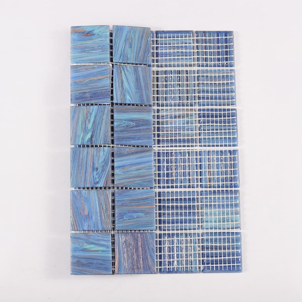 Blue marble glass mosaic sheet showing tile face beside backing grid