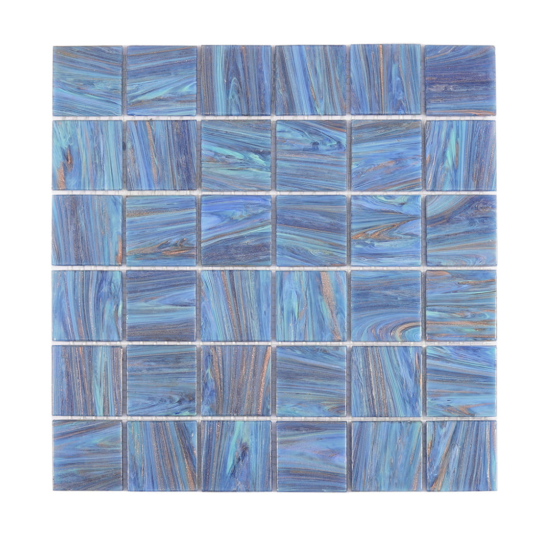 Front view of blue marble pattern glass mosaic tile sheet