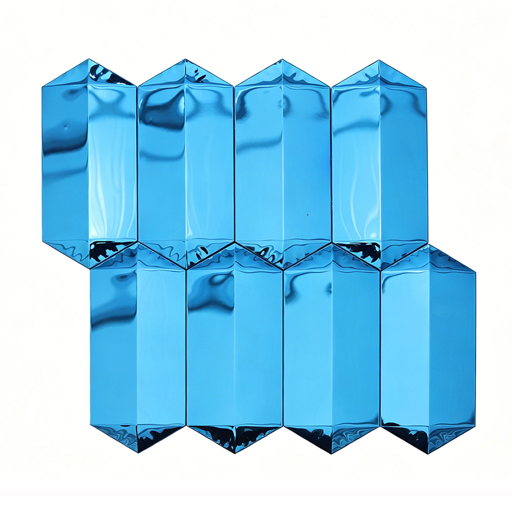 Blue mirror long picket mosaic tile sheet with glossy beveled surface