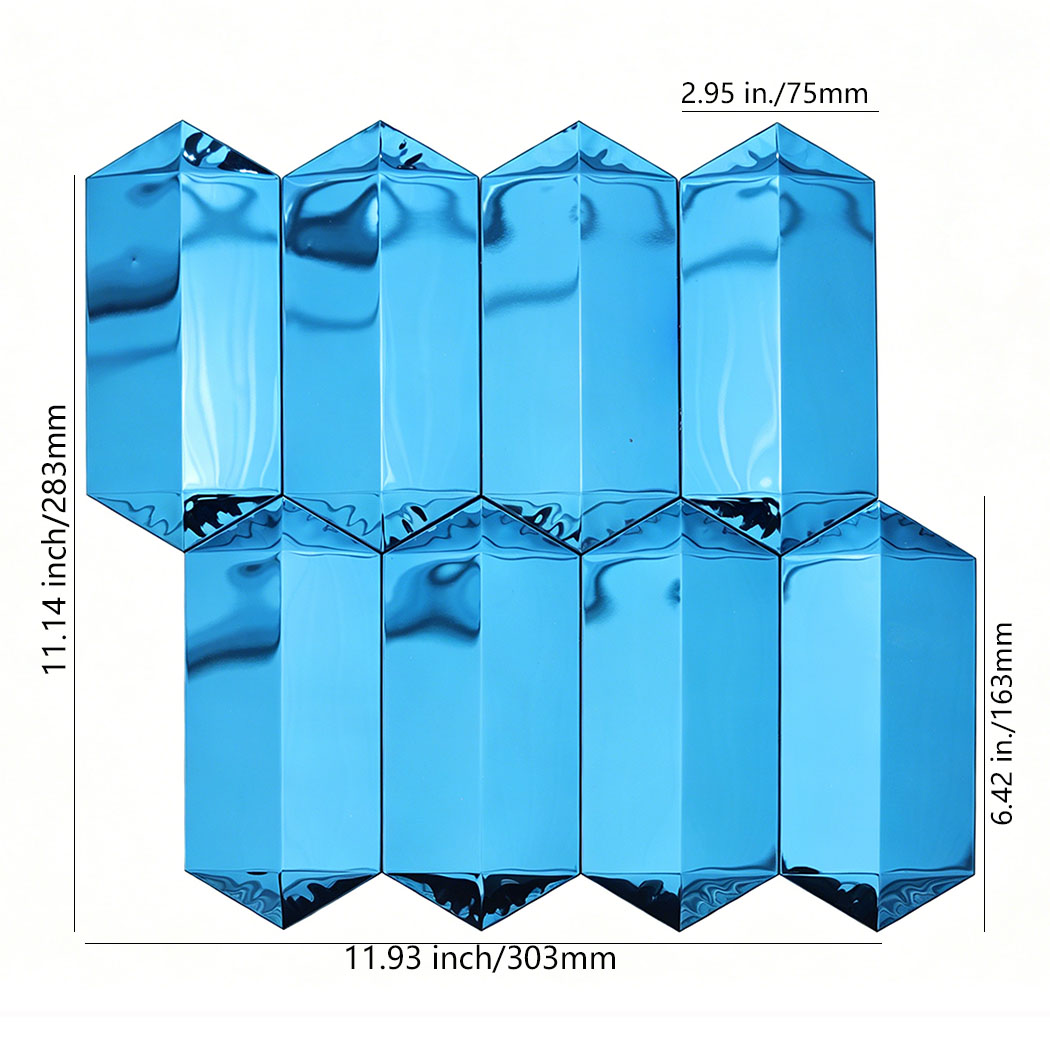 Blue mirror picket mosaic tile sheet with size measurements on white background