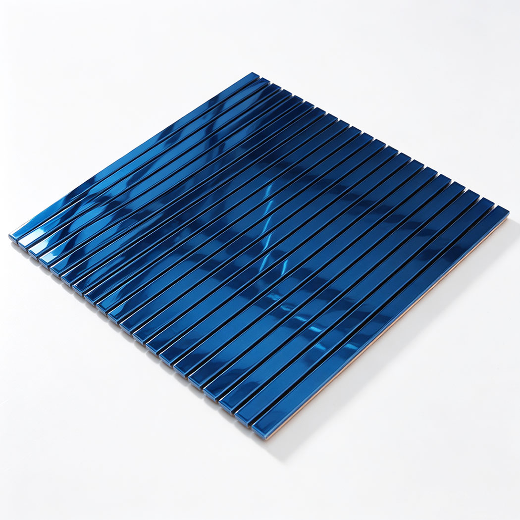 Angled view of blue mirror stainless steel linear tile sheet