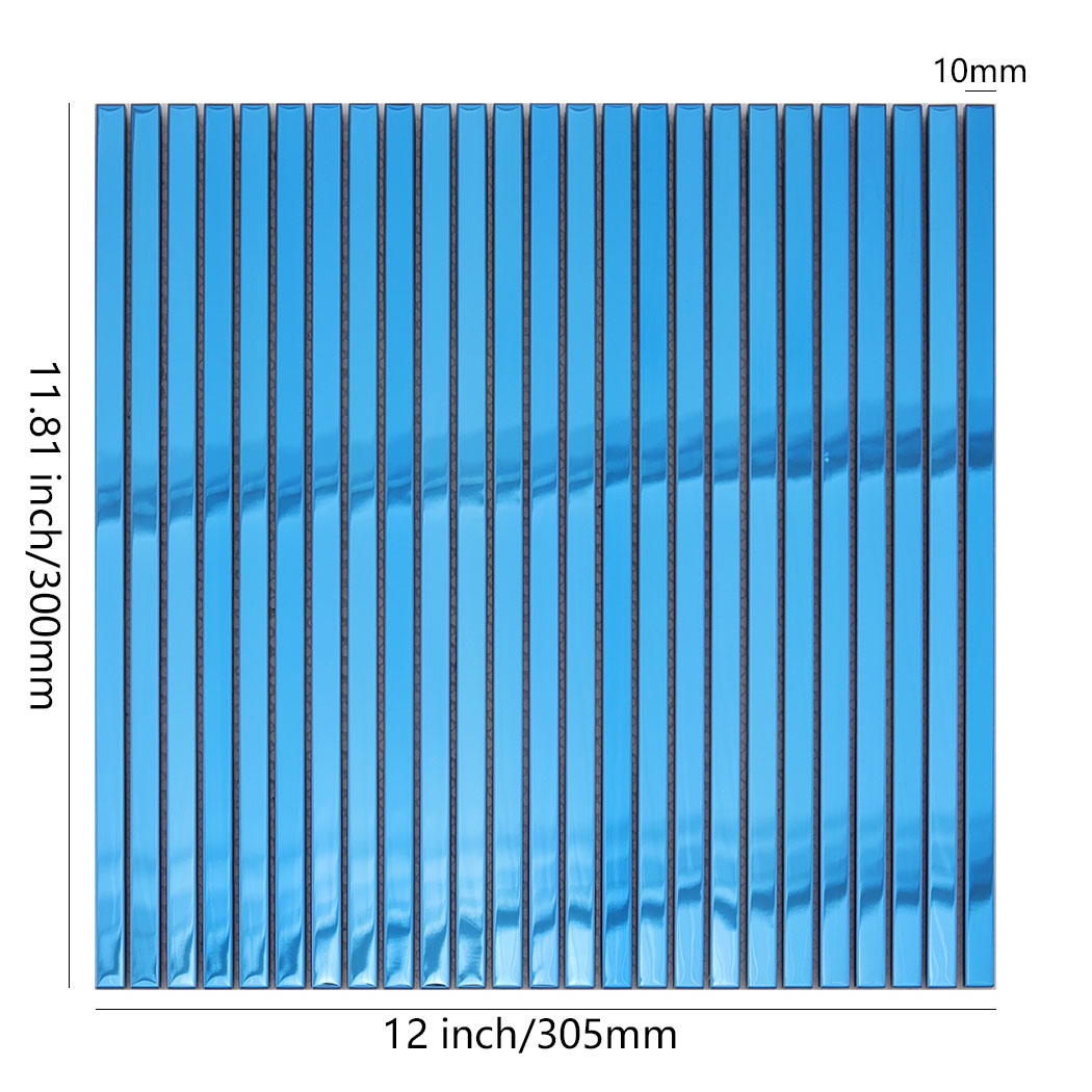 Blue mirror stainless steel linear tile sheet with 12 by 11.81 inch dimensions