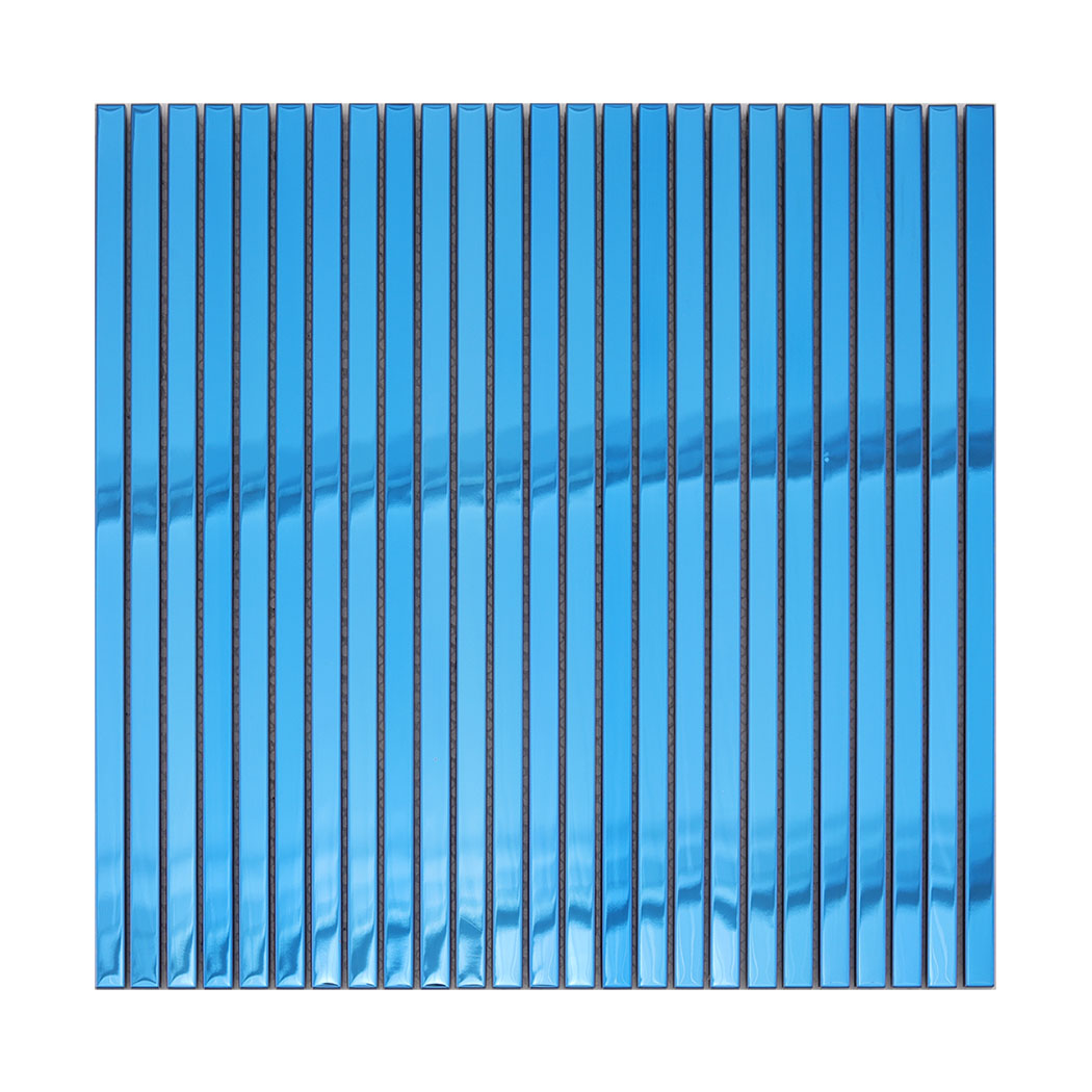 Front view of blue mirror stainless steel linear tile sheet