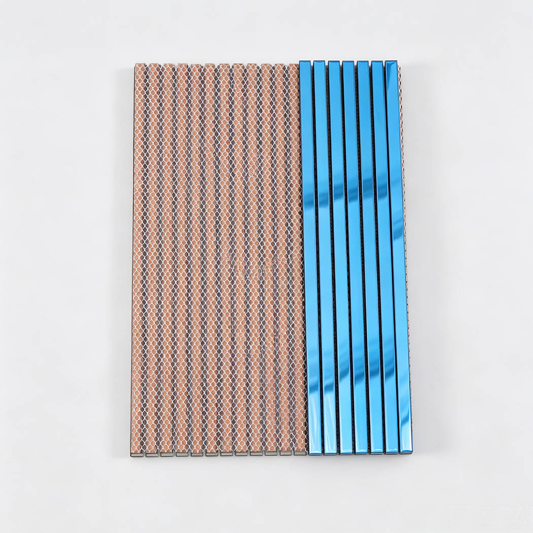 Blue mirror stainless steel linear tile sheet with mesh backing
