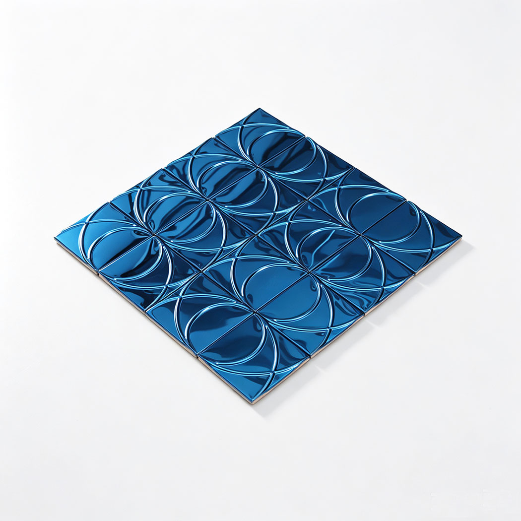 Angled view of blue mirror stainless steel square pattern mosaic tile