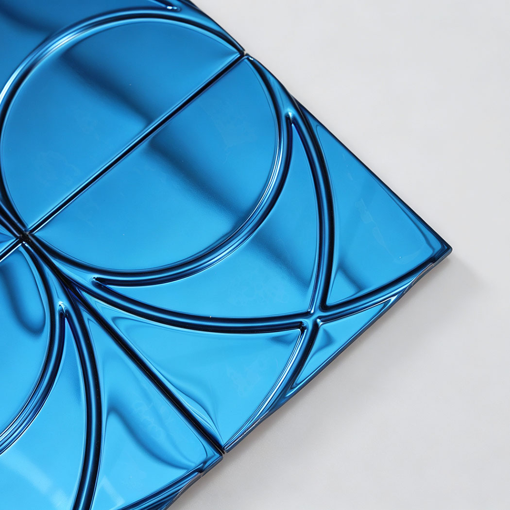 Corner close-up of blue mirror stainless steel square pattern mosaic tile