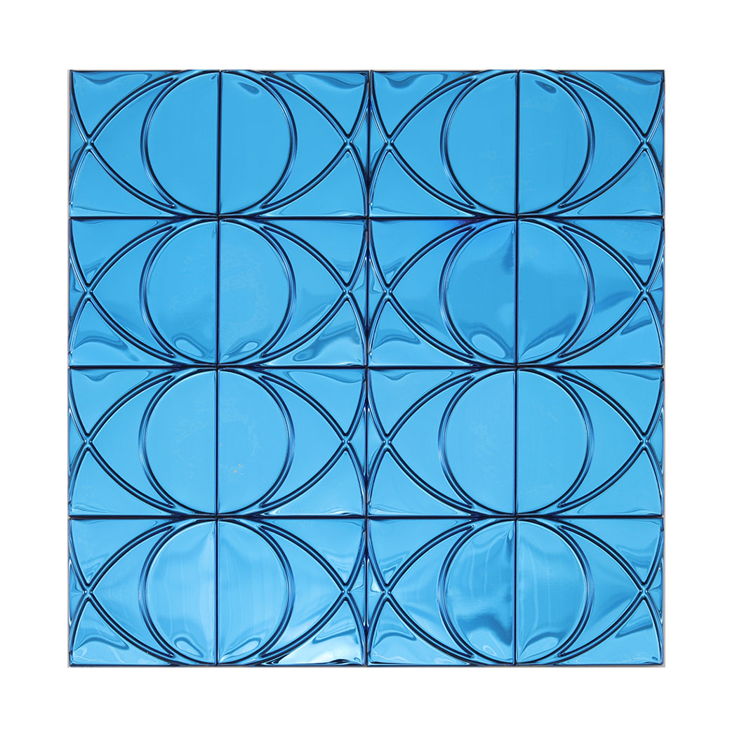 Front view of blue mirror stainless steel square pattern mosaic tile