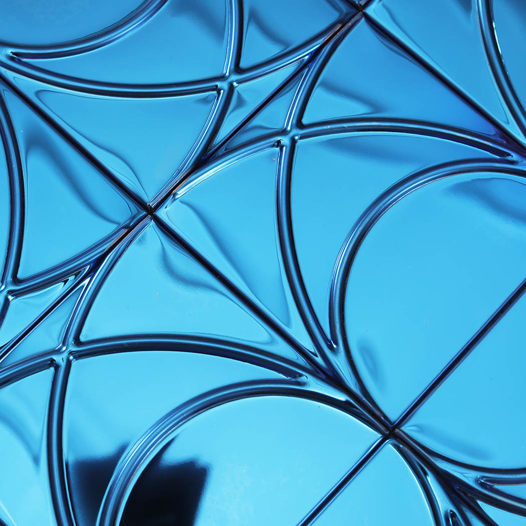 Close-up of blue mirror stainless steel square pattern mosaic surface