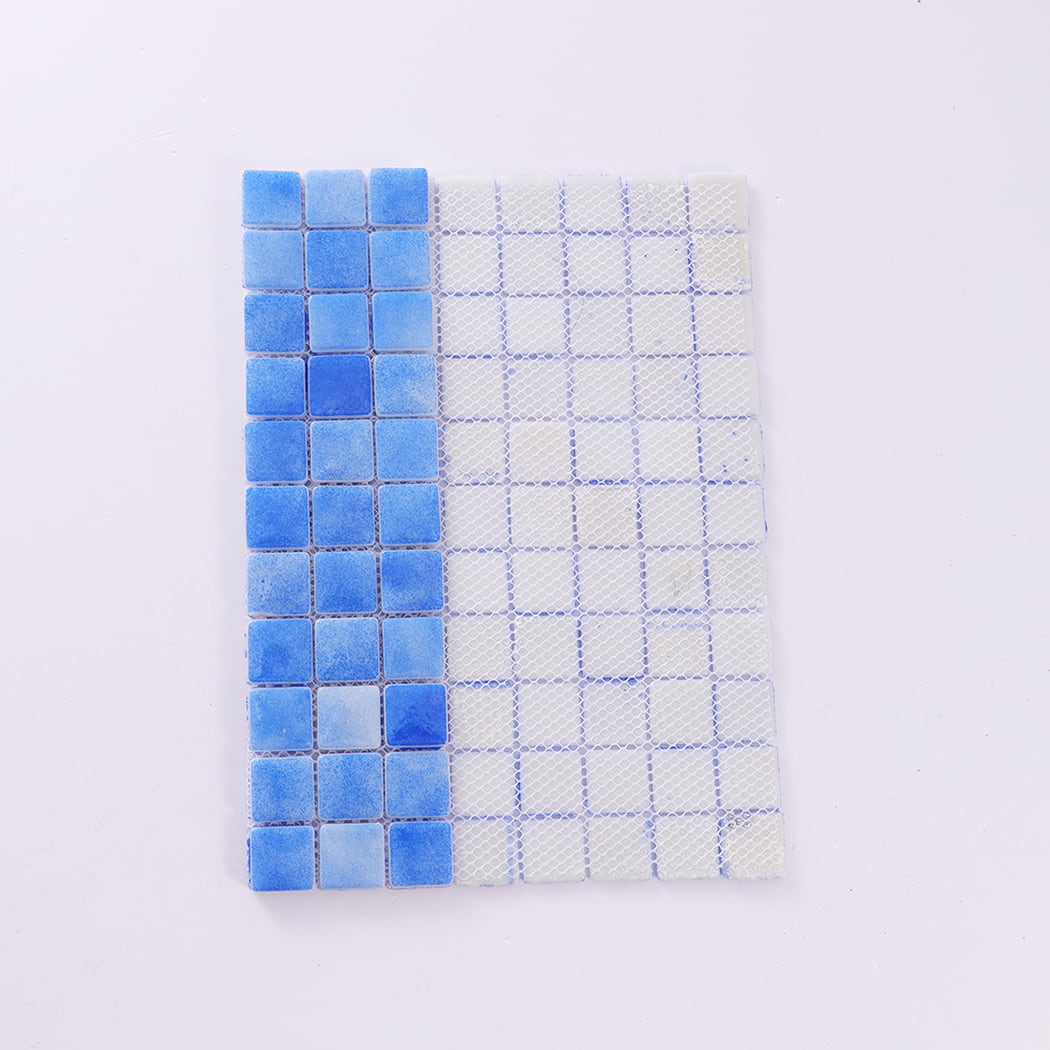 Back view of blue recycled glass mosaic tiles showing mesh backing.