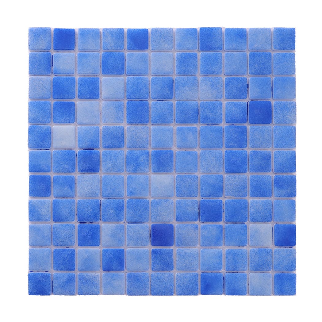 Front view of blue recycled glass mosaic tile sheet.