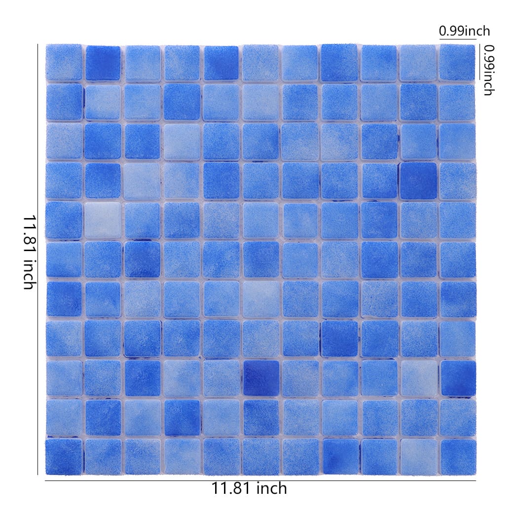 Blue recycled glass mosaic tile sheet with size measurements shown.