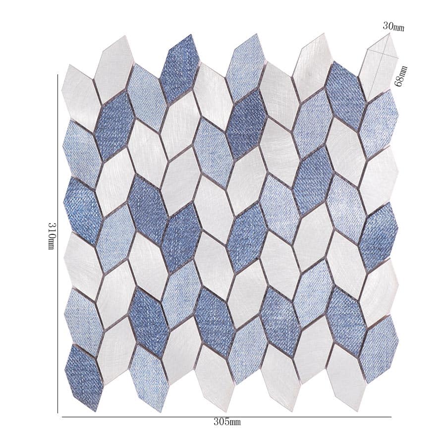 Diamond-shaped aluminum mosaic tile sheet in brushed silver and textured denim blue, 