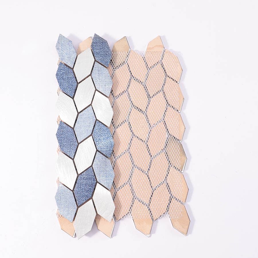 Backside view of diamond aluminum mosaic tile  with mesh backing and flipped tile edge.