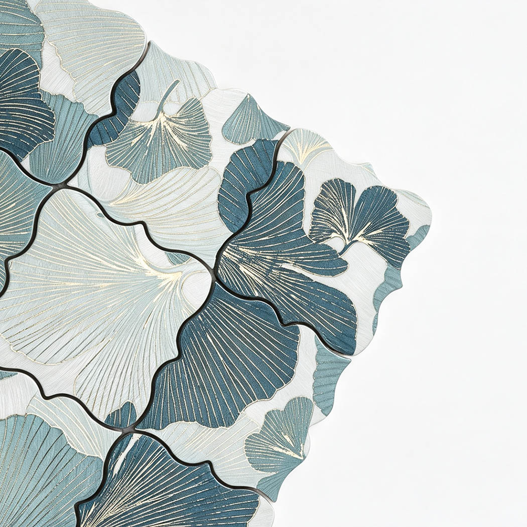 Close-up of blue and silver floral aluminum mosaic tile with engraved petal texture