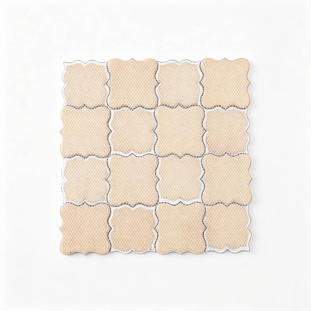 Back view of blue and silver floral aluminum mosaic tile sheet with mesh backing