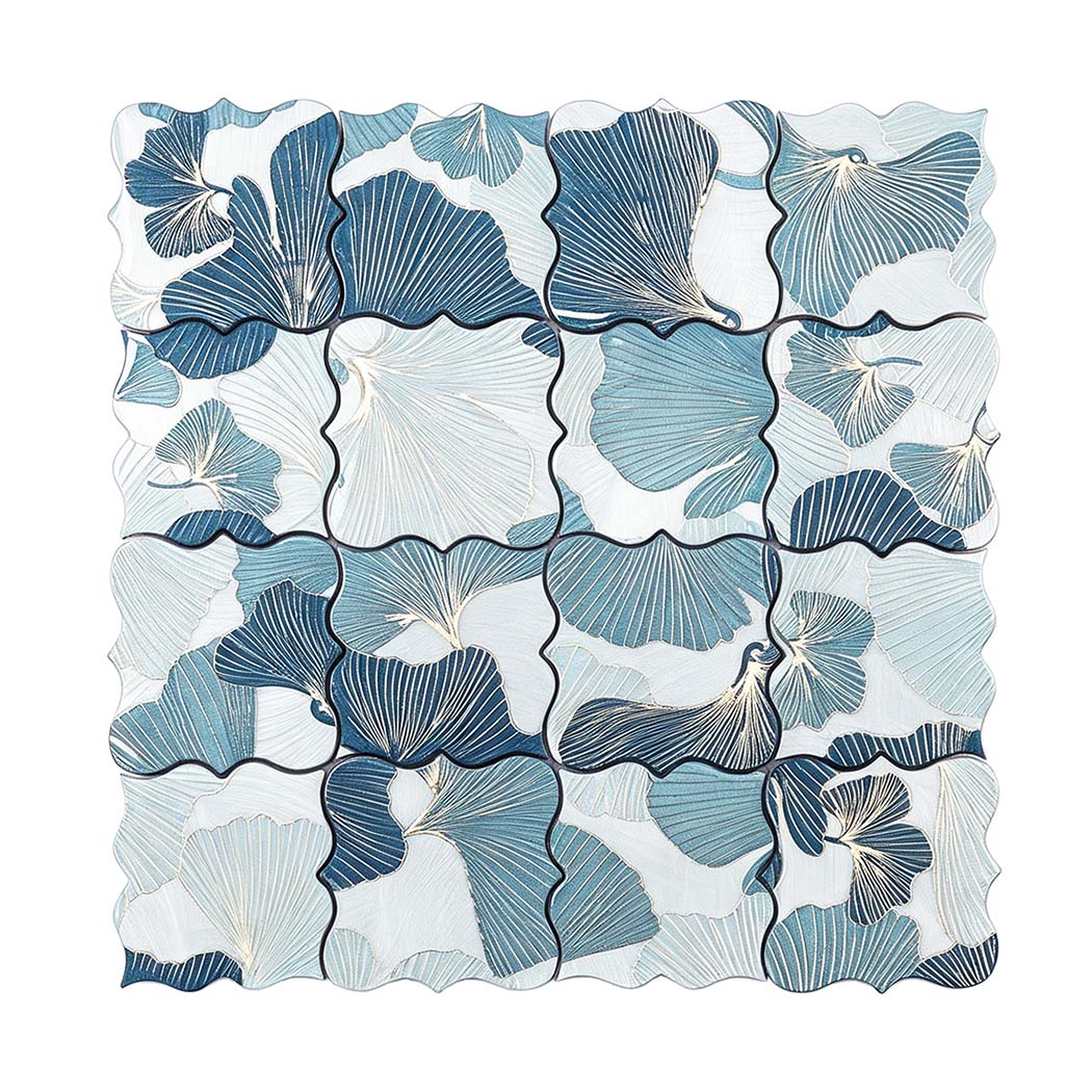 Blue and silver floral aluminum mosaic tile sheet on a white background