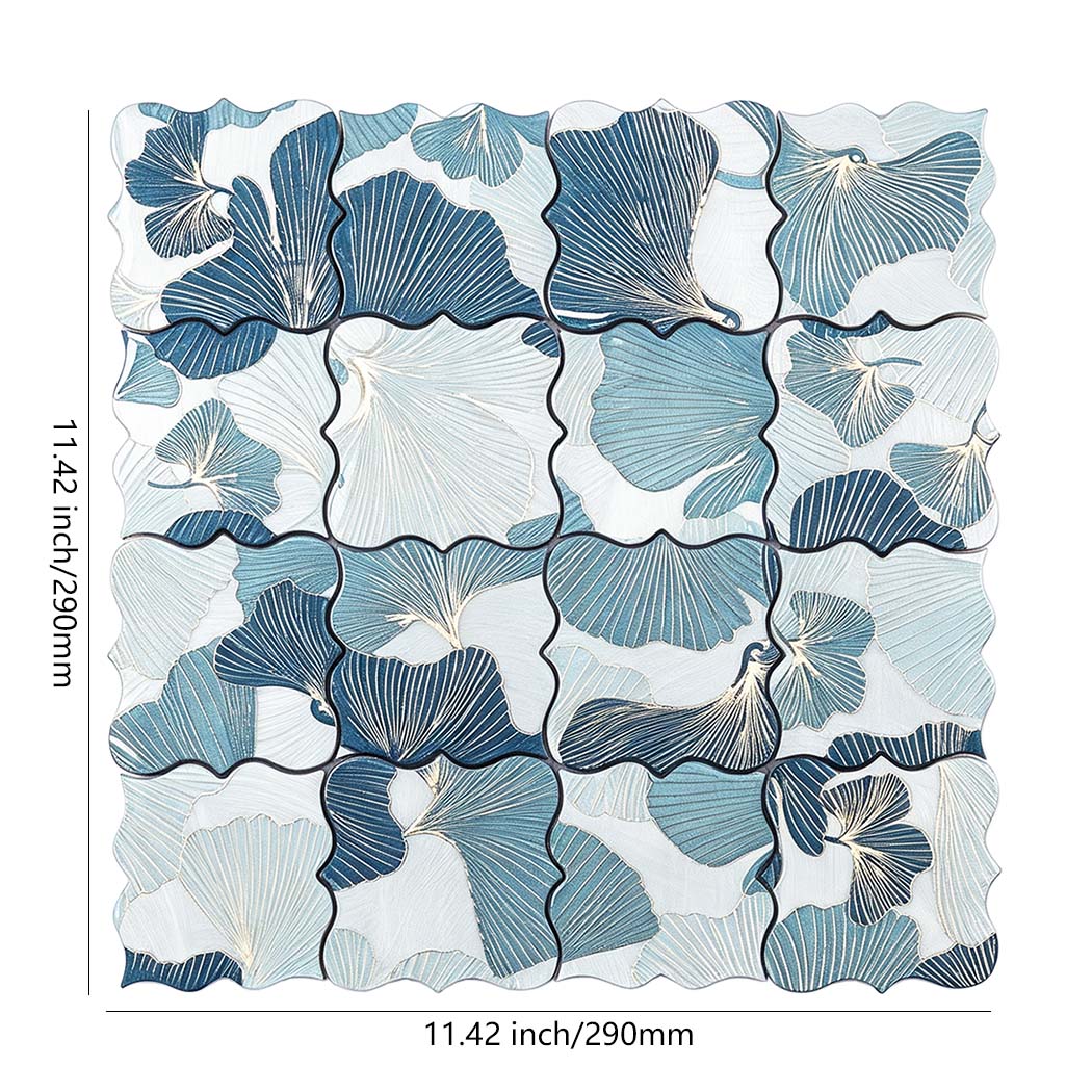 Blue and silver floral aluminum mosaic tile sheet with size details