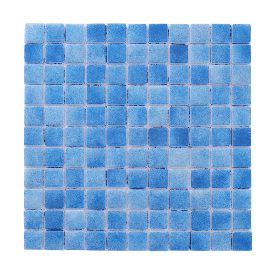 Front view of blue recycled glass mosaic pool tile sheet