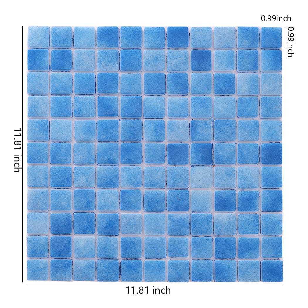 Blue recycled glass mosaic pool tile sheet with size measurements
