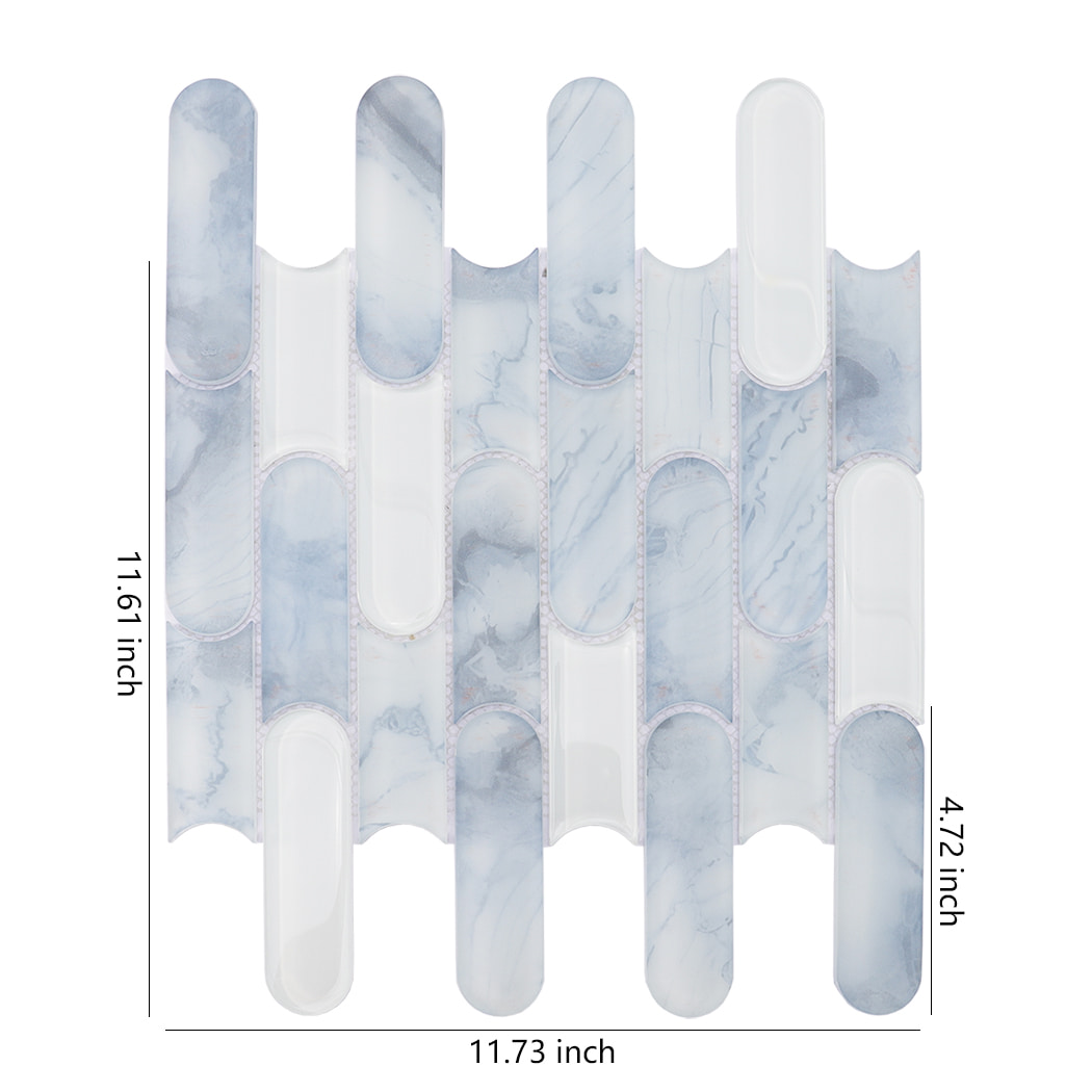 Blue white capsule shaped glass mosaic tile sheet with size dimensions