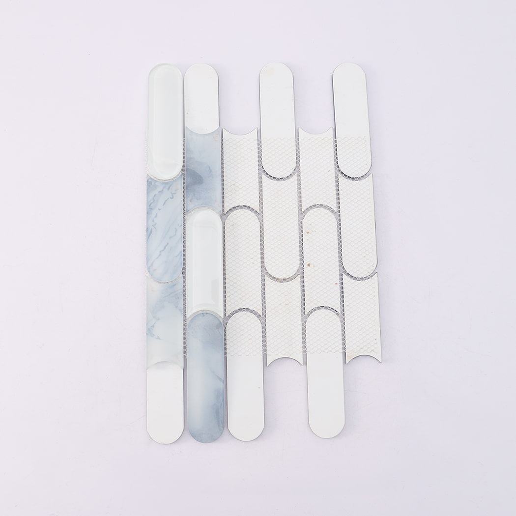 Back view of blue white capsule shaped glass mosaic tile on mesh backing