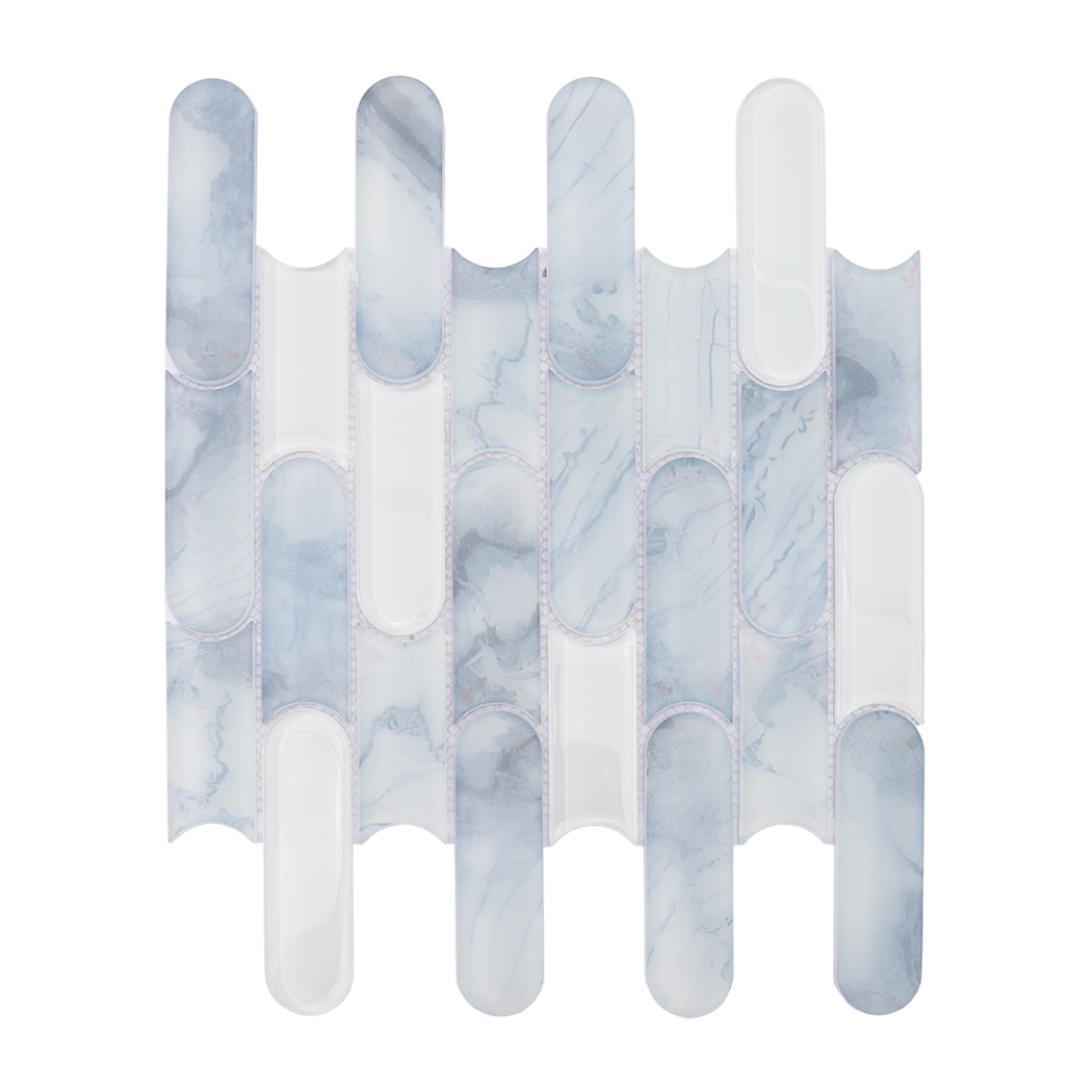 Blue white capsule shaped glass mosaic tile sheet on a white background