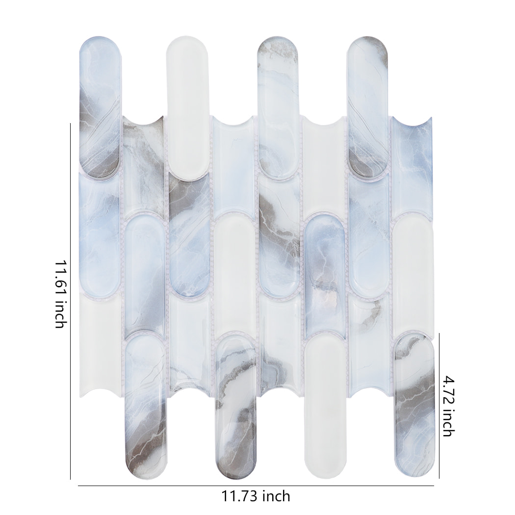 Blue white interlocking capsule glass mosaic tile sheet with size dimensions