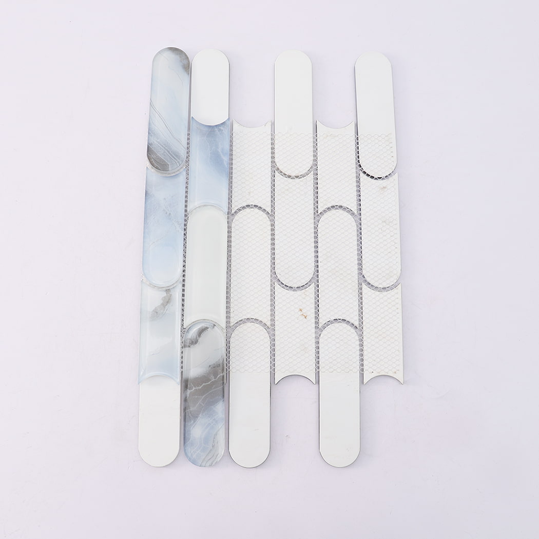 Back view of blue white interlocking capsule glass mosaic tile on mesh