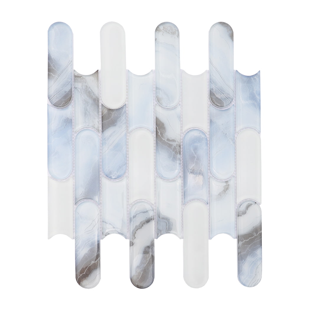Blue white interlocking capsule glass mosaic tile sheet on a white background