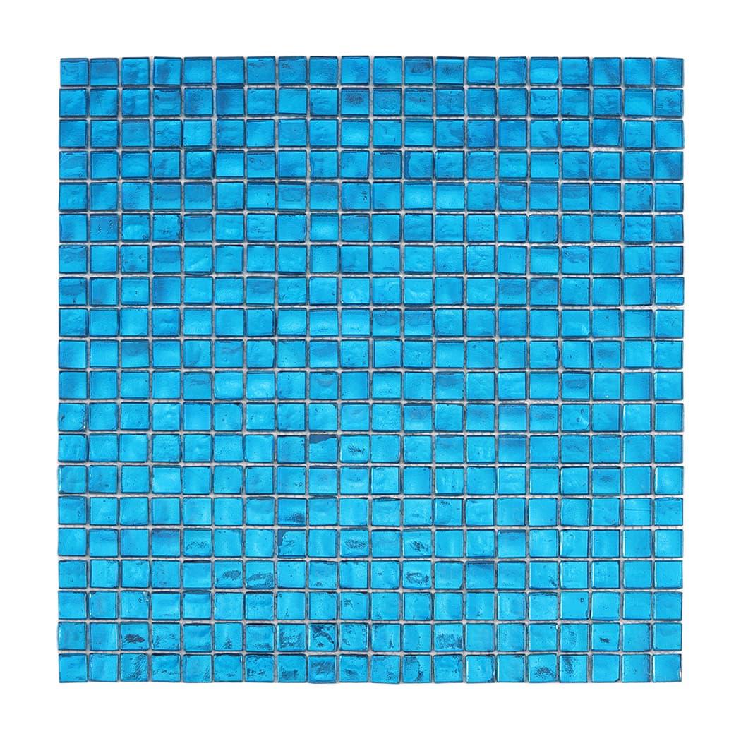 Full front view of blue foil glass square mosaic tile sheet on white background