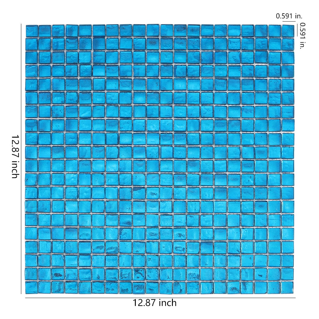 Blue foil glass square mosaic tile sheet showing overall size and tile dimensions