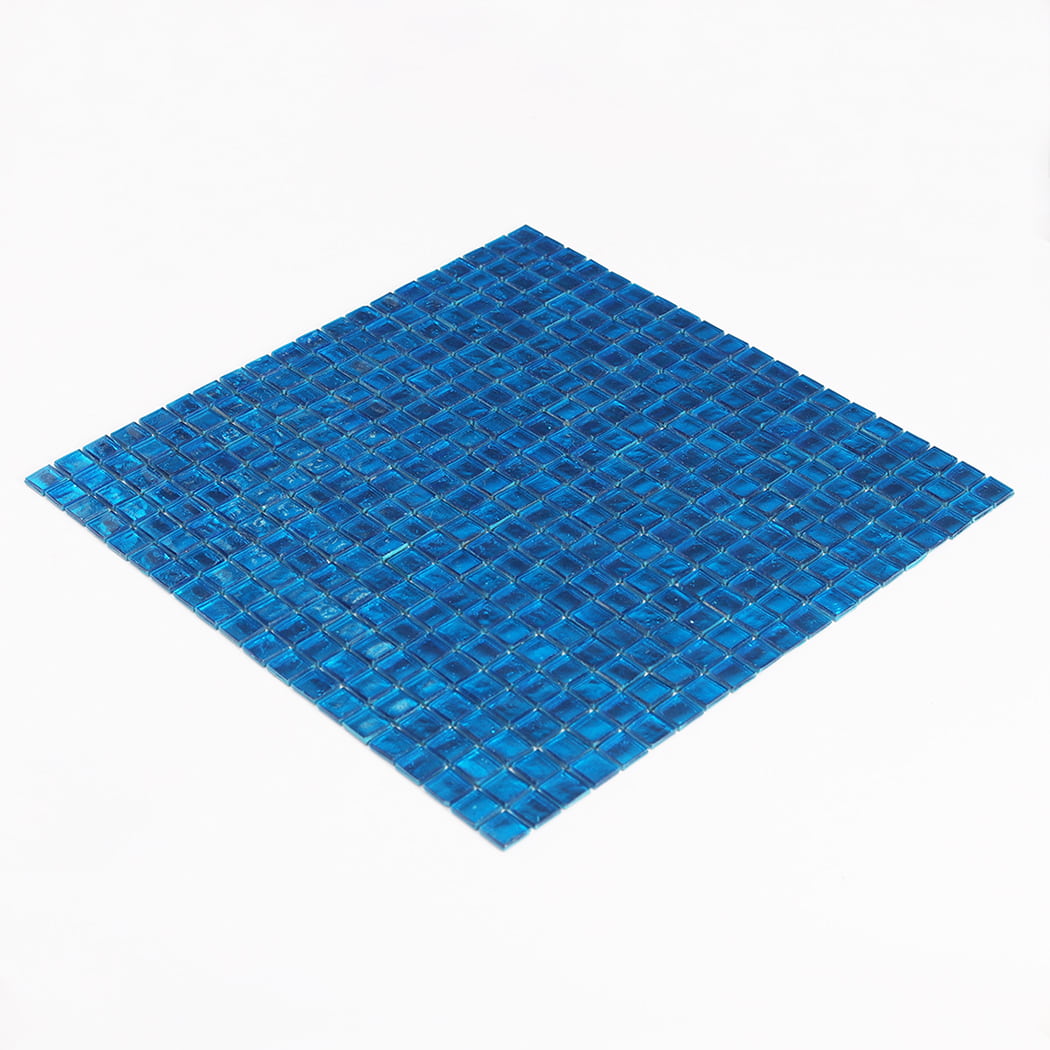 Three quarter view of blue foil glass square mosaic tile sheet on white background