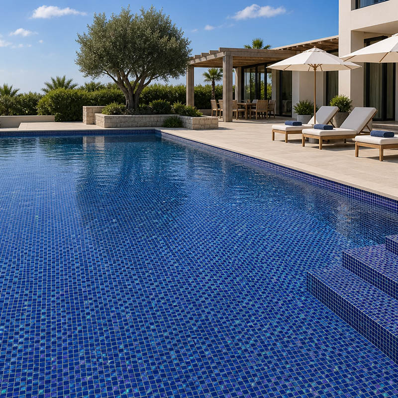 Blue glass mosaic pool tiles in a luxury villa swimming pool