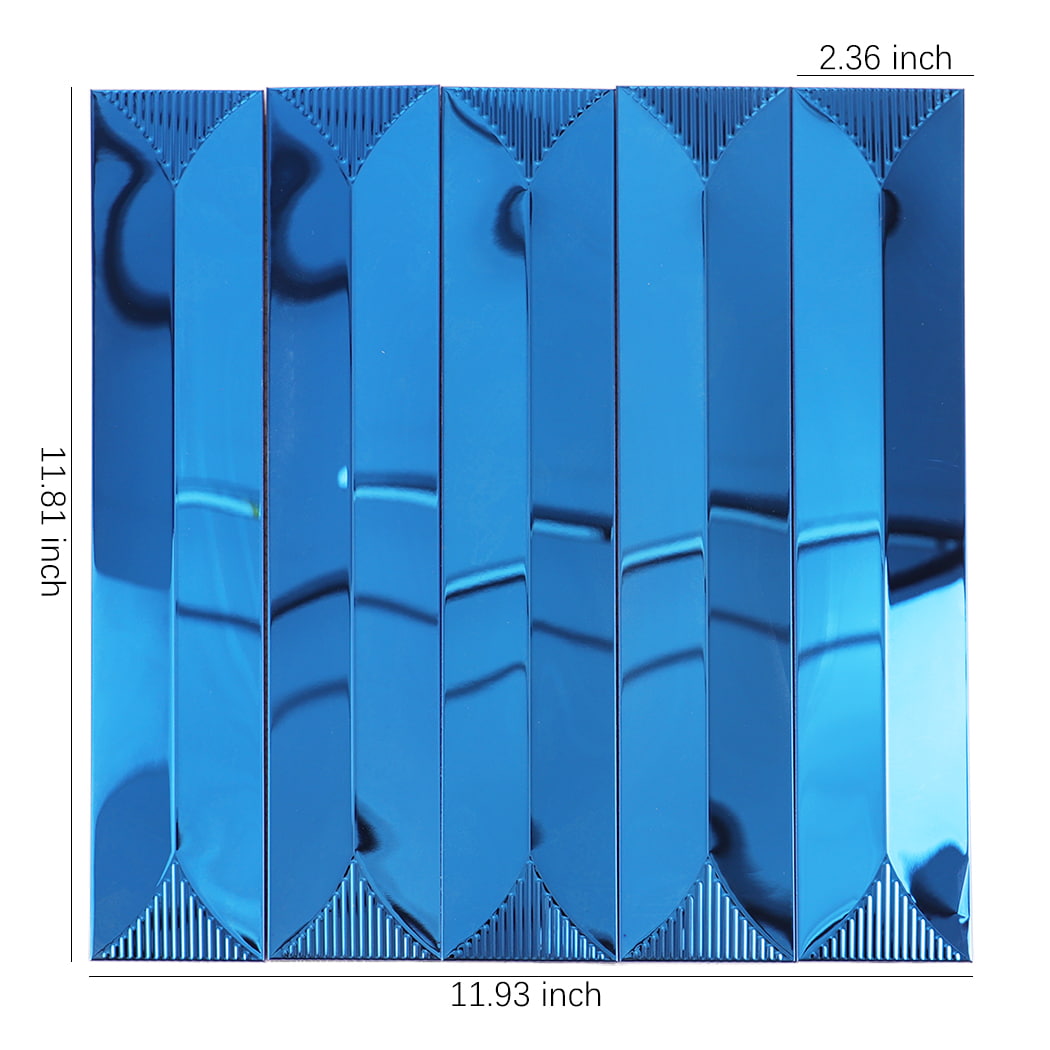 Blue metal tile with glossy finish showing 11.81x11.93 inch dimensions