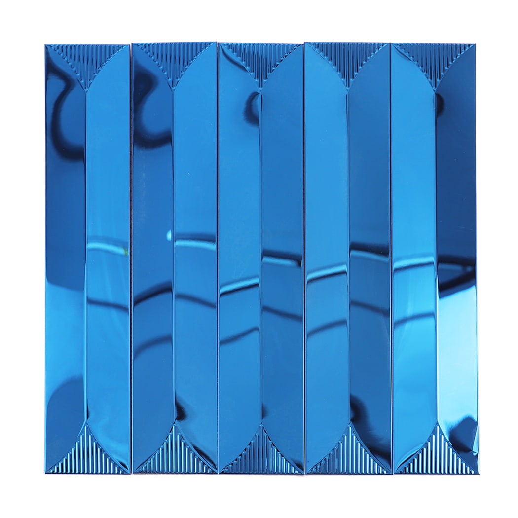 Front view of blue metal subway tile with reflective stainless steel surface