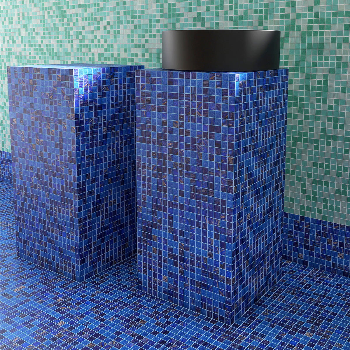 Blue mosaic tiles covering tall columns and surrounding surfaces in a stylish space