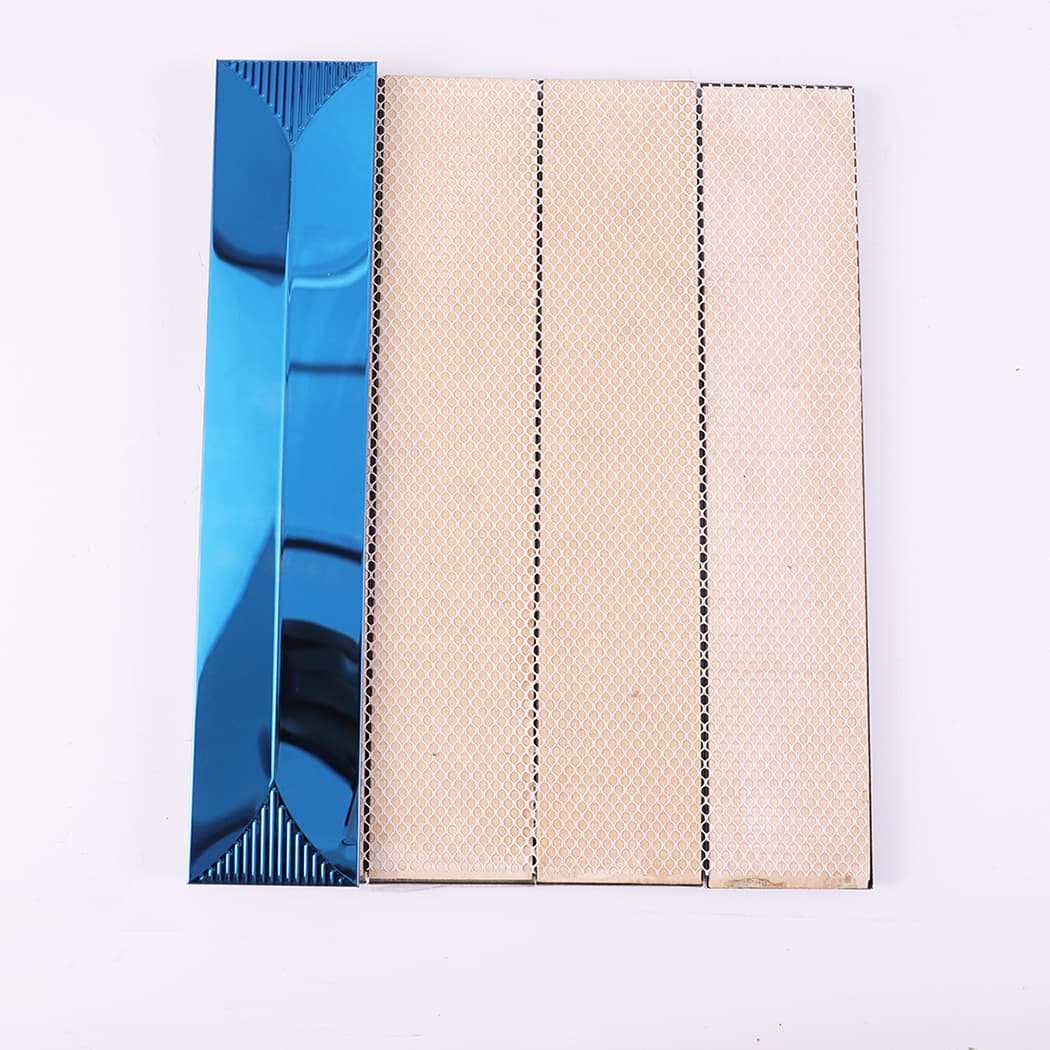 Back side of blue metal tile showing mesh backing and structure