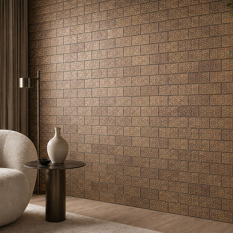 Embossed bronze retro wall tiles creating a warm vintage living room accent wall