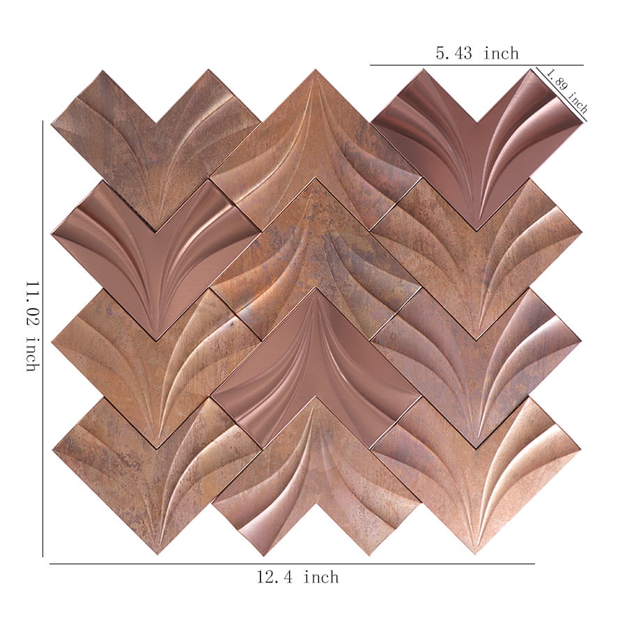Bronze chevron metal mosaic tile with dimensions shown in inches