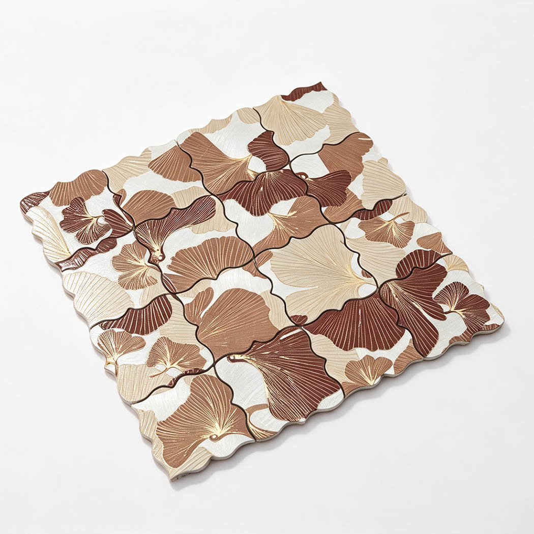 Angled view of brown beige and white floral aluminum mosaic tile sheet