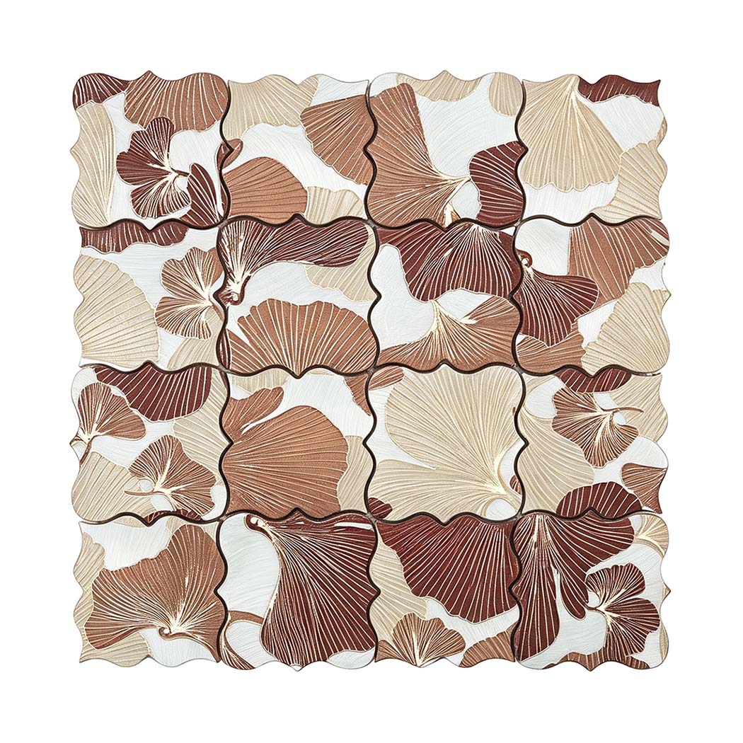 Brown beige and white floral aluminum mosaic tile sheet on a white background