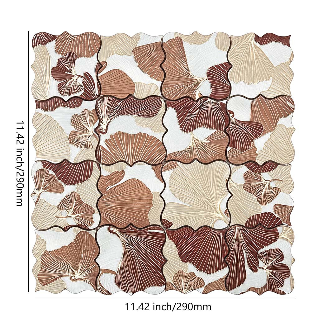 Brown beige and white floral aluminum mosaic tile sheet with size details