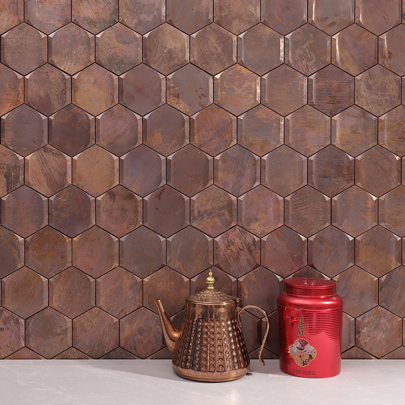 Rustic brown hexagon metal tile with aged and brushed texture finish