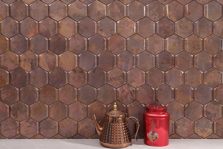 Large brown hexagon metal mosaic tiles with weathered copper effect