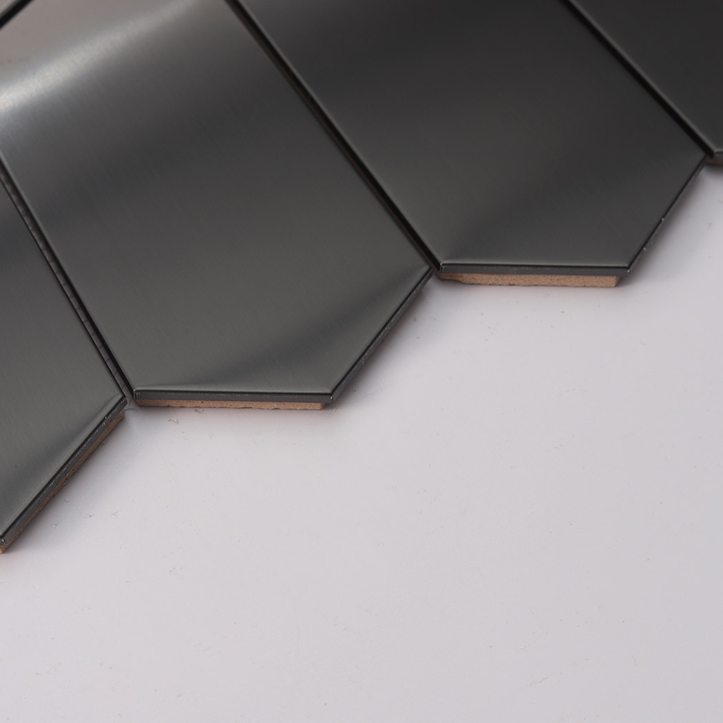 Brushed black hexagon stainless steel tile subtle reflection surface detail