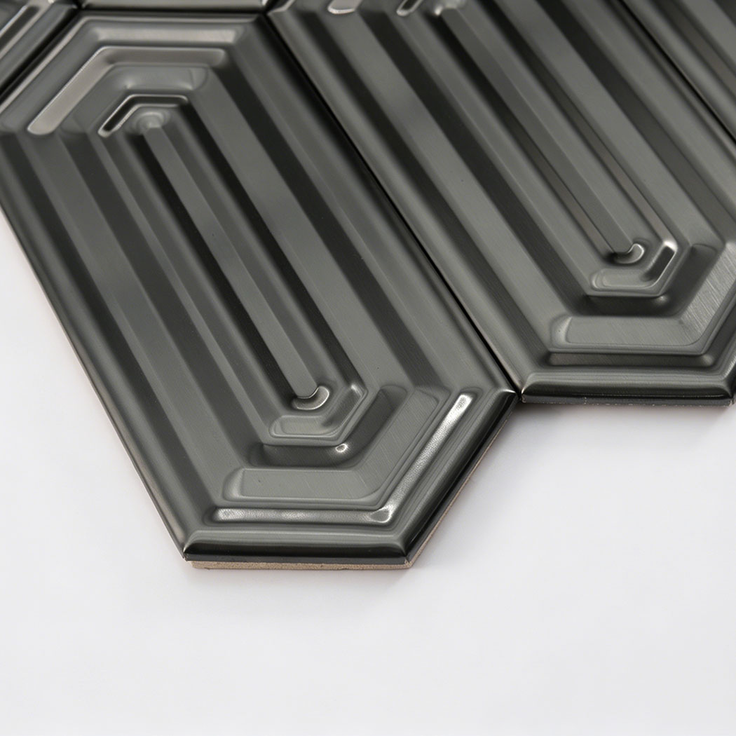 Brushed black picket stainless steel mosaic tile angled view with reflective accents