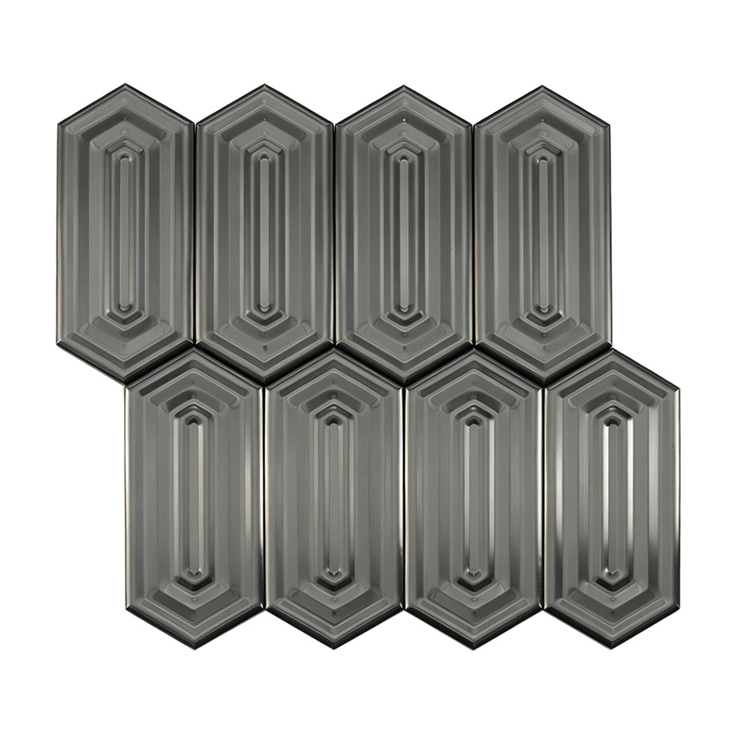 Brushed black picket stainless steel mosaic tile full sheet display with stepped geometric grooves