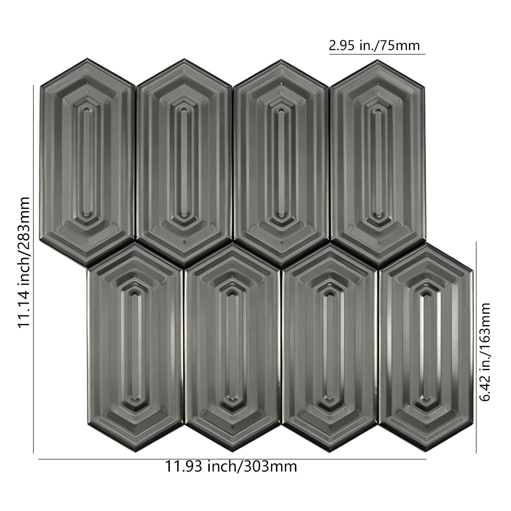 Brushed black picket stainless steel mosaic tile sheet front view with mirror accent grooves