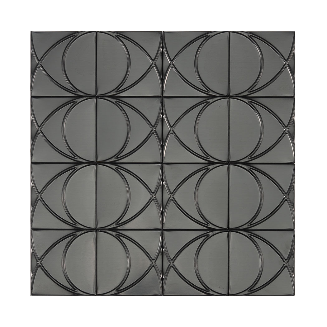 Front view of brushed black stainless steel square mosaic tile