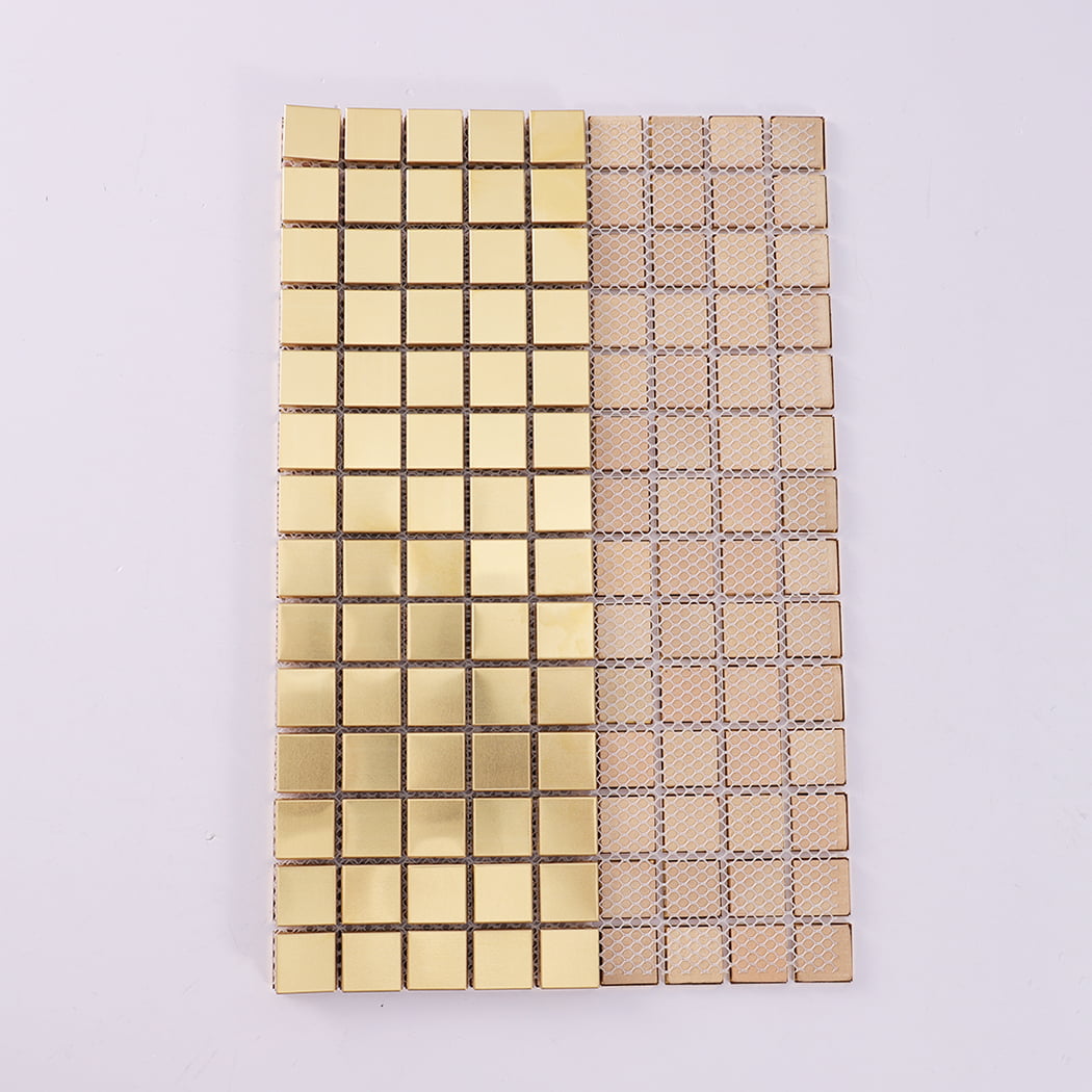 Back view of brushed brass metal mosaic tile with mesh backing.